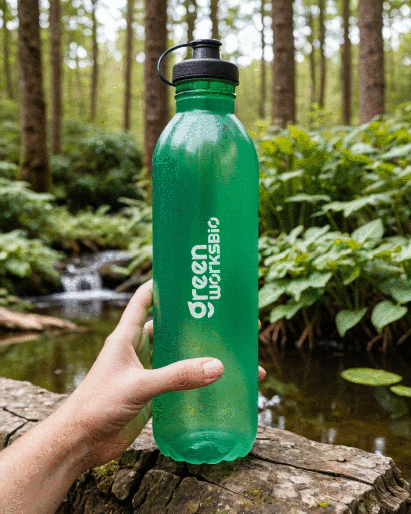 Photography of GreenWorks Bio compostable bottles with screw caps