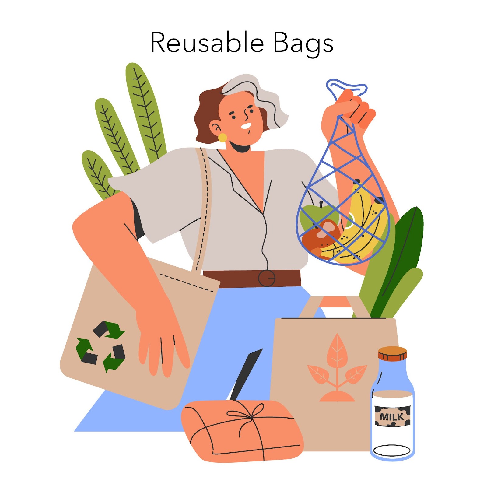 Illustration of a woman using reusable bags