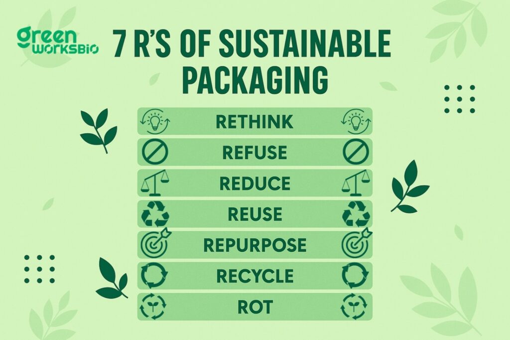 Infographic on 7Rs of Sustainable retail packaging solutions by Greenworksbio