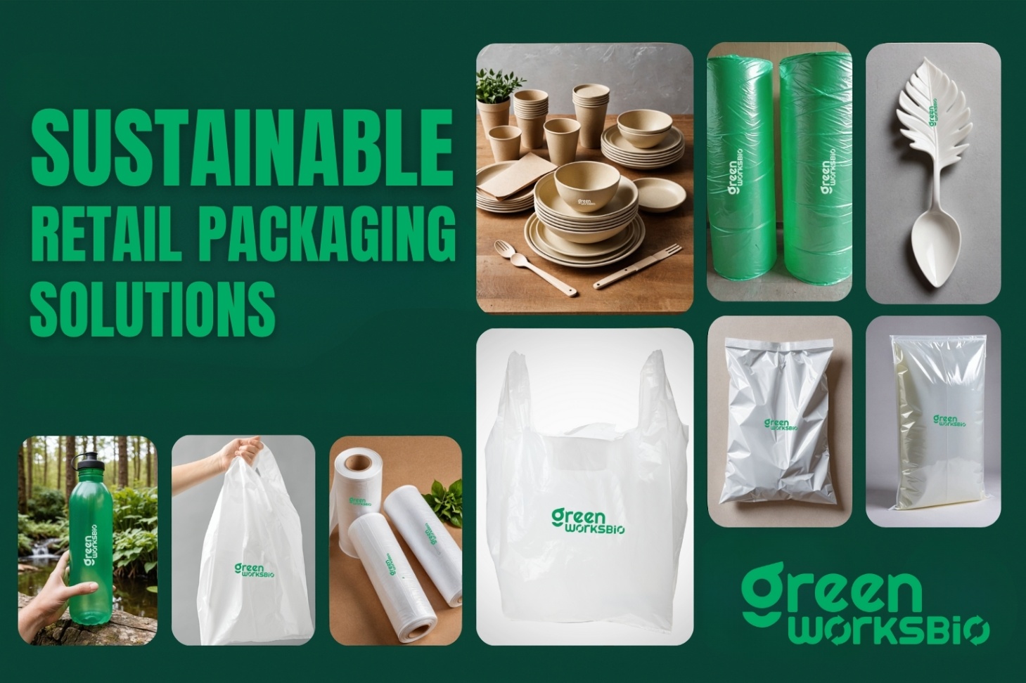 Collage of sustainable retail packaging solutions by Greenworksbio
