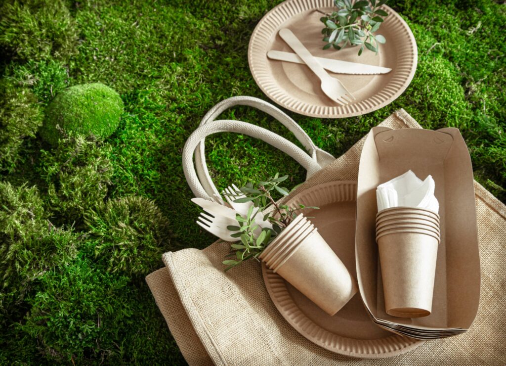 Disposable recyclable products on grass