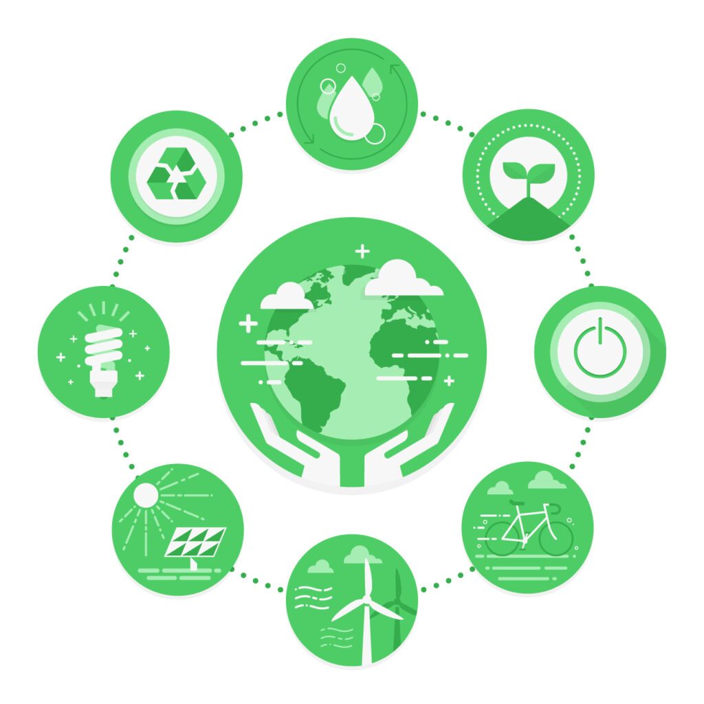 Green icons surrounding Earth showing sustainability concepts
