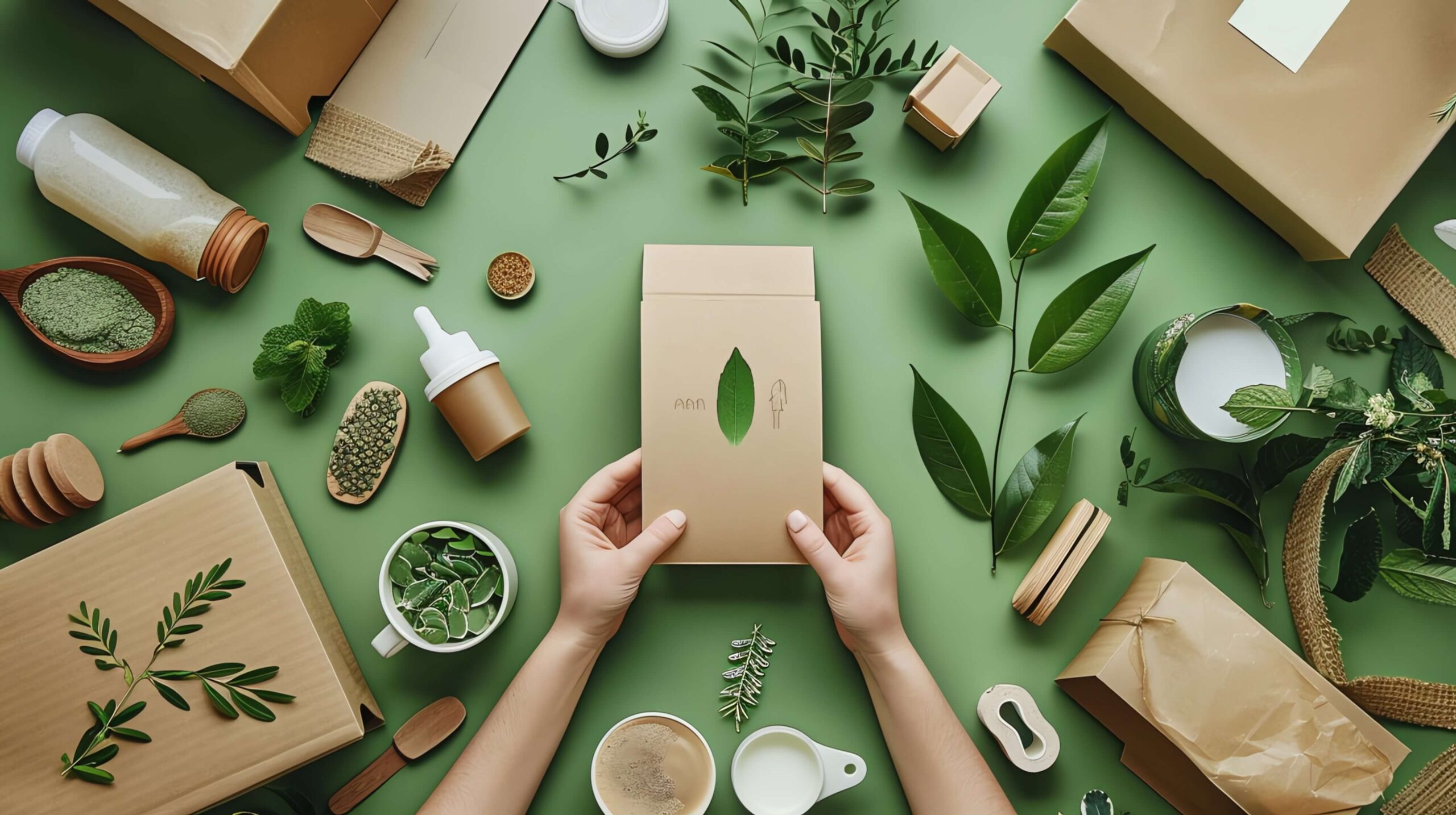 Eco-friendly packaging with plants and leaves