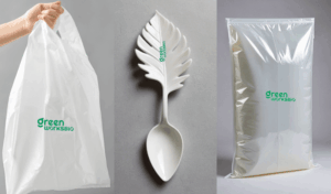 Greenworkbio’s PLA+PBAT blend products - carry bag, cutlery, transparent bag