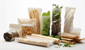 Compostable transparent and kraft packaging with food and herbs.